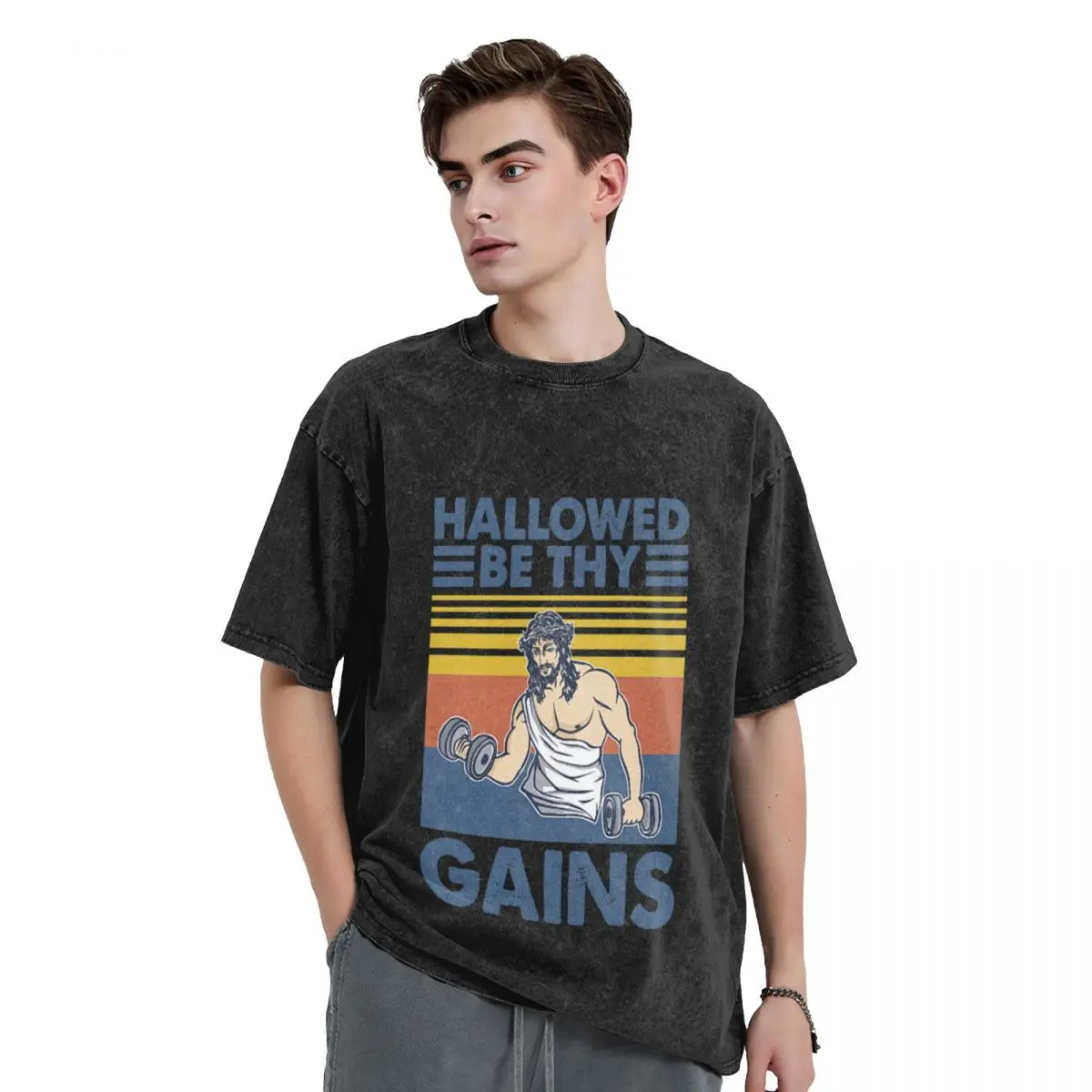 Hallowed Be Thy Gains Jesus Gym Vintage T-Shirt grafika personalizuje niebieskie archiwum mężczyźni t shirty wysokiej jakości