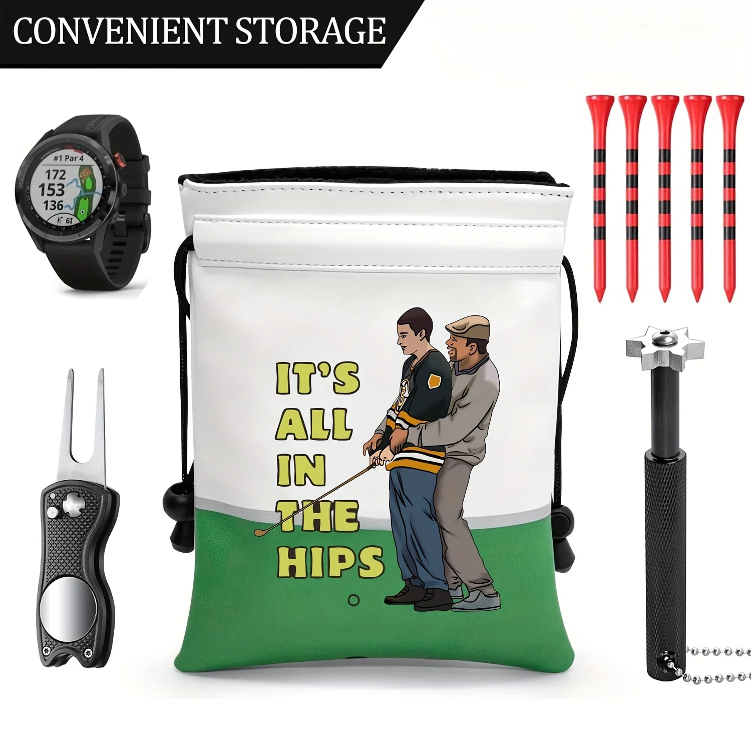 Funny Golf Valuables Pouch, PU Leather Golf Tee Pouch with Drawstring Closure Golf Ball Handbag Portable Ball Pouch