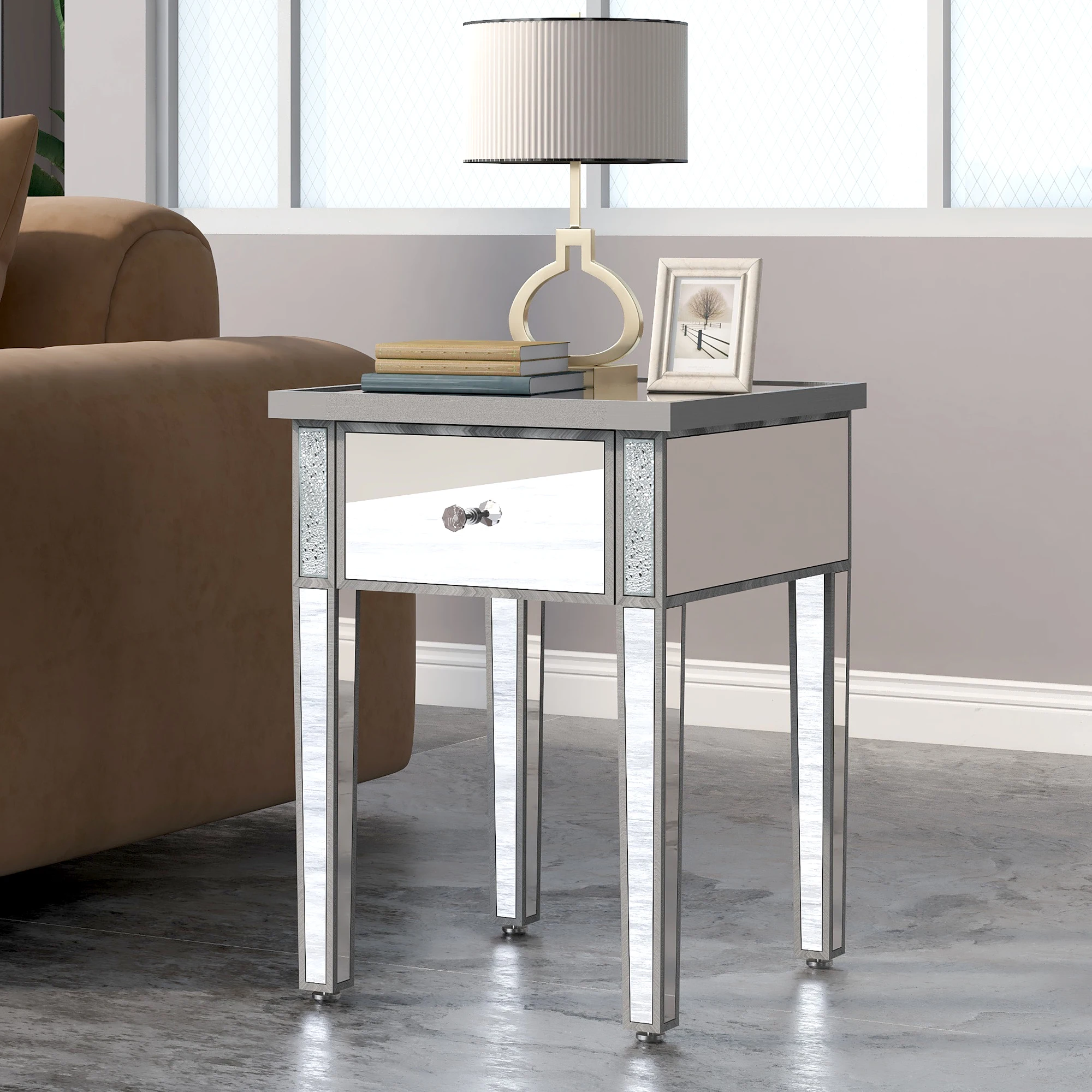 

Modern Glass Mirrored End Table W/Drawer Corner Table with Crystal Handles&Adjustable Height Legs for Living Room Silver[US-W]