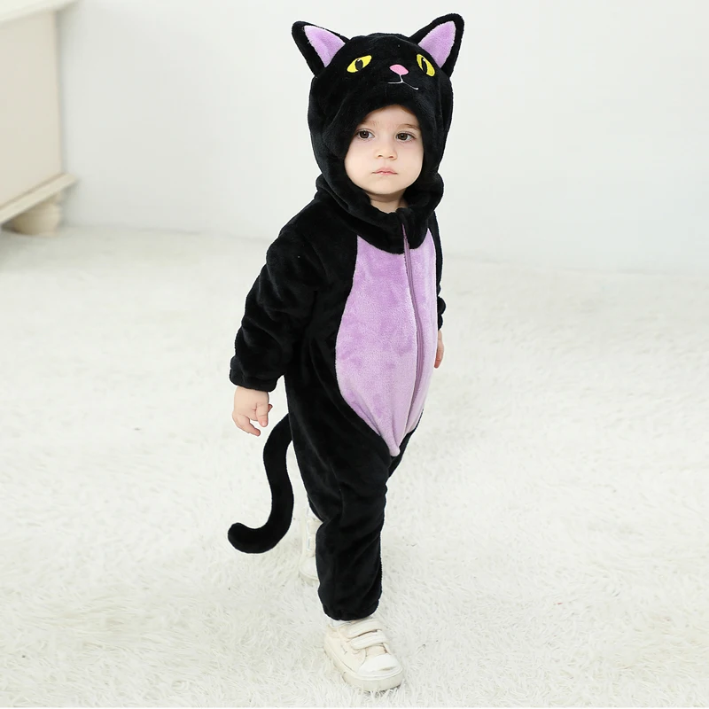 Suefunskry Toddler Baby Halloween Cosplay Jumpsuit, Long Sleeve Hooded Cat Zipper Closure Fall Romper Clothes for Boys Girls