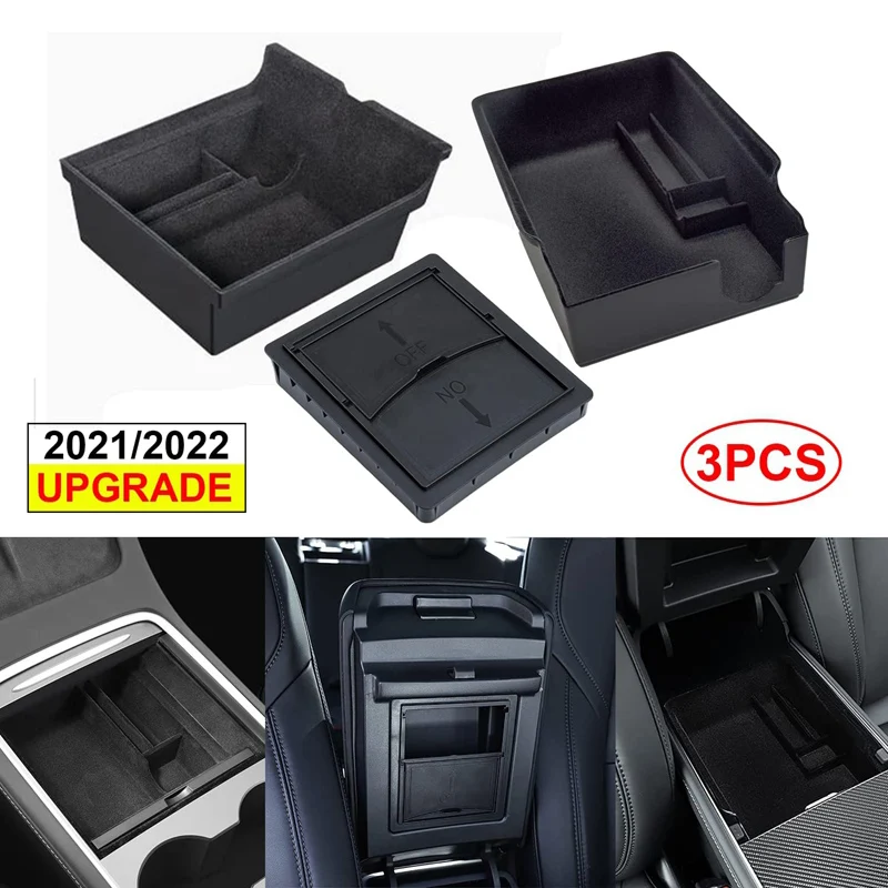 3PCS Center Console Organizer Tray for 2021 2022 Tesla Model 3/Y Accessories Flocked Armrest Hidden Cubby Drawer Storage Box