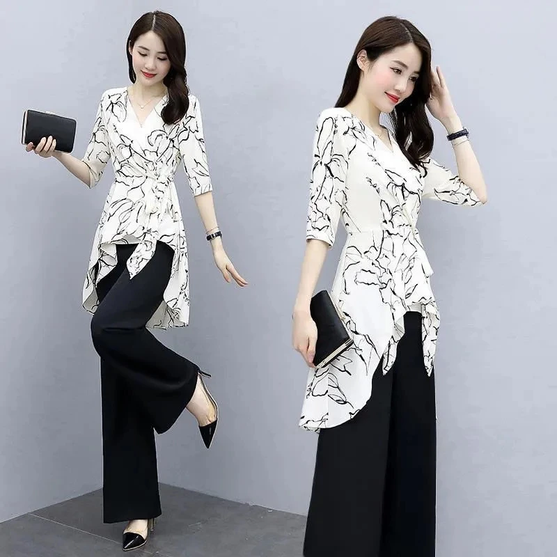 Elegant Print 2 Piece Set Women Outfits Summer Korean Fashion Irregular Blouse + Wide Leg Pant Suit Oversize 4Xl Ensemble Femme