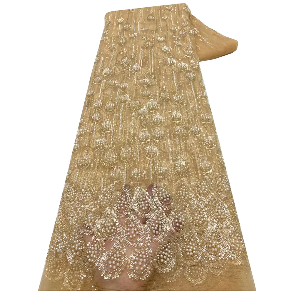 アフリカチュールビーズレーススパンコール生地 Fashionial 5 ヤードメッシュ素材女性のためのパーティードレス高級ビーズレース
