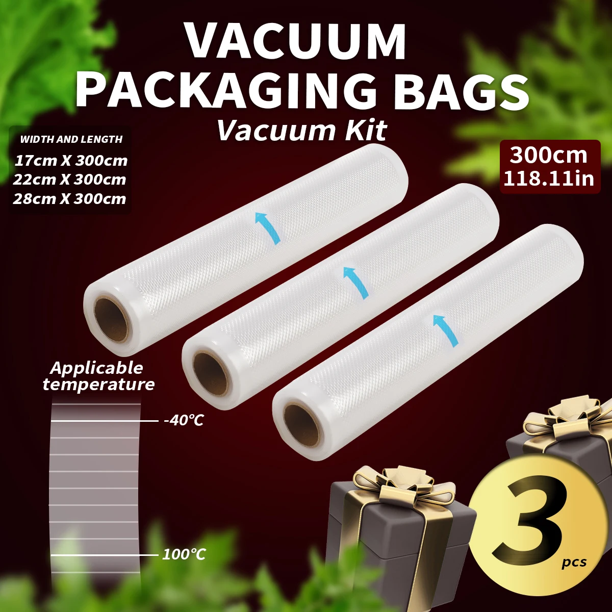 3pcs 3m vacuum sealed food bag roll, free of bisphenol A, seven layer co extruded diamond pattern vacuum preservation bag