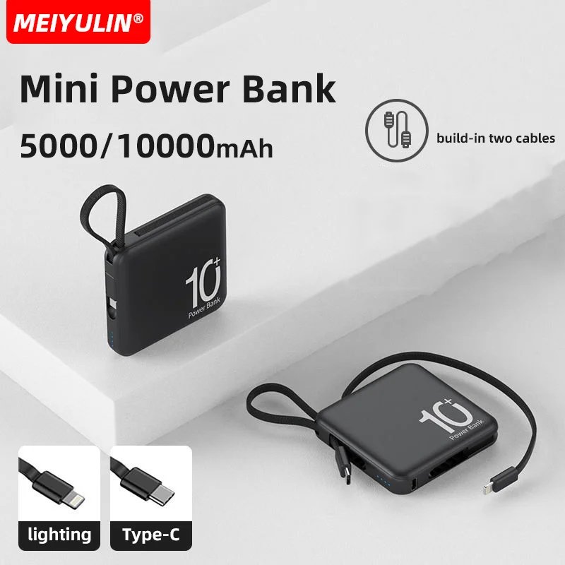 

10000mAh Mini Power Bank Portable External Battery Pack Built-in Cable Fast Charging 5000mAh Powerbank For iPhone Samsung Xiaomi