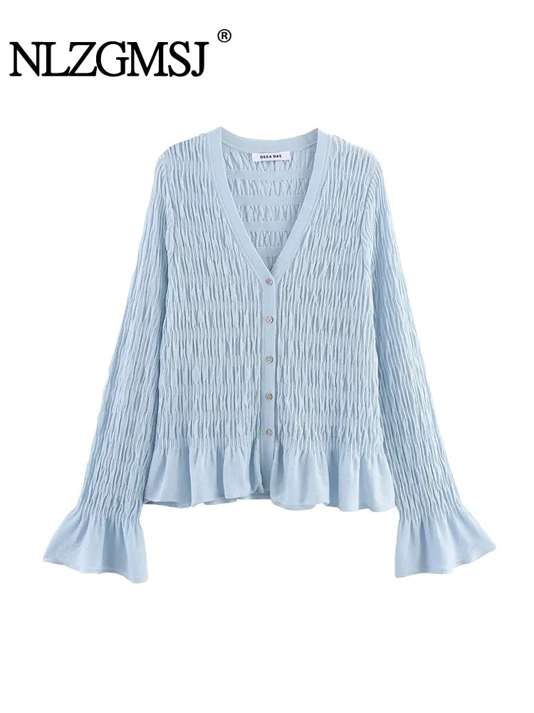 

NLZGMSJ Casual Chic Women Sweater Solid Ruffled Collar Long Sleeve Knitted Tops New Fashion Autumn Holiday Sweaters