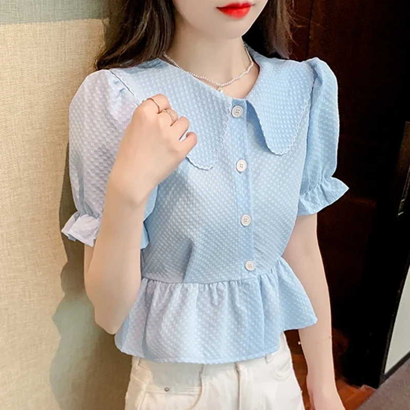 Vintage Summer Crop Tops Women Blouses 2024 Fashion Short Sleeve Blusas Femininas Korean Style Slim Puff Sleeve Chiffon Shirts