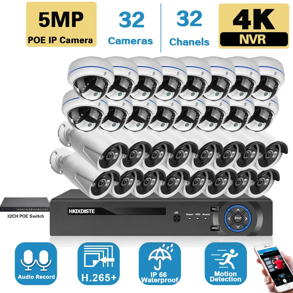 32CH CCTV Camera Security System Kit 4K POE NVR Security System Outdoor 5MP Metal IP Surveillance Camera System Kit 32 Channel