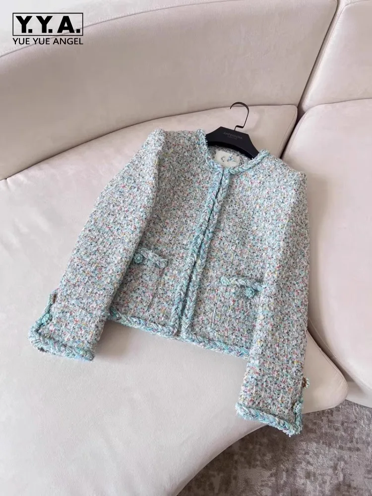 

Elegant Women Autumn Winter Party Tweed Jacket Chic Lace Retro Covered Button Coat Office Lady O-Neck Overcoat Fashion Outerwear