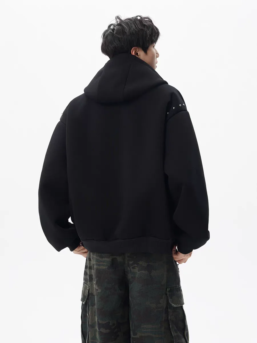 American Retro High Street Hooded Sweatshirt with Rivet Design, Stylish Men's High-end Autumn Trendy Cool Jacket