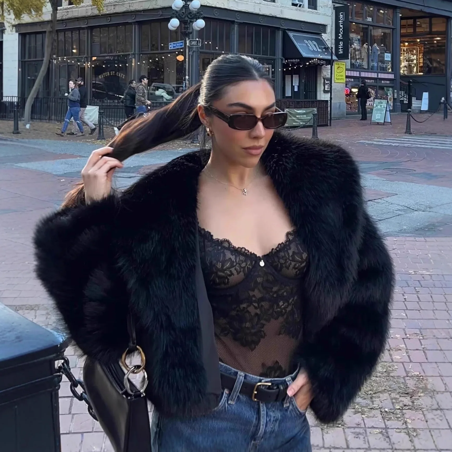 

Thiened ort Fur Jaet Bla Faux Fur Warm Winter Women's Top Eco-friendly Plu Youth Casual Long Sve Pure Color