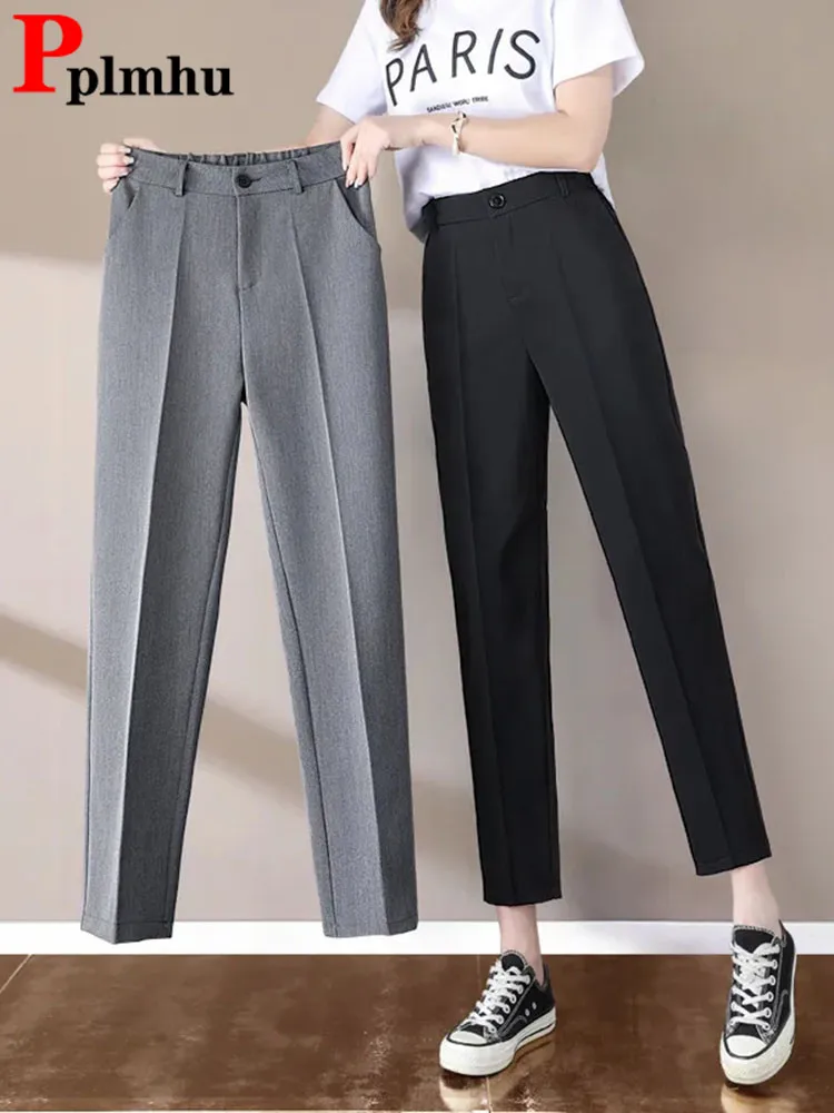 

Women Formal Baggy Straight Suit Pants Female Office Elastic High Waist Loose Pantalones Korean Solid Casual Calcas Feminina New