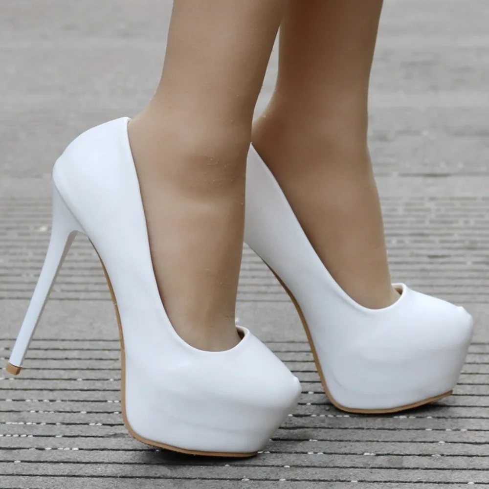 White Heels Woman Shoes 14Cm High Heeled Single Shoes Red  Thin Heeled Waterproof Table White Wedding Shoes Large Size