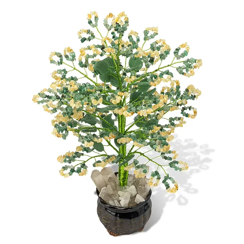 Citrine Green Aventurine Jade Chip Stone Tree Healing Crystal Artificial Green Branches Faux Plants for Home Party Decoration