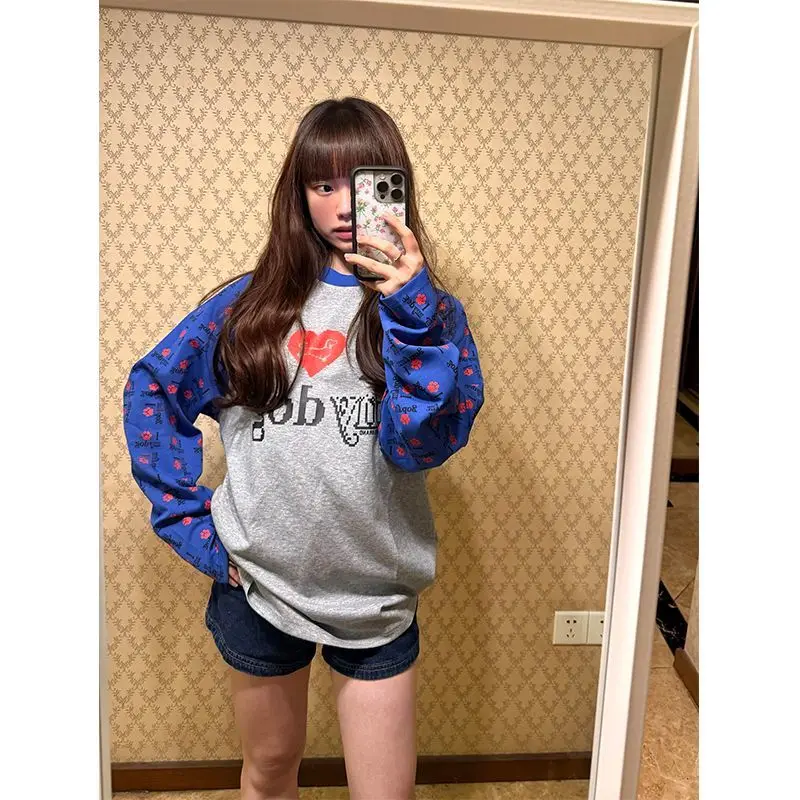 

American Retro Dog Contrasting Raglan T-shirt 2025 New Autumn Women's Loose Casual Versatile Long Sleeved Top