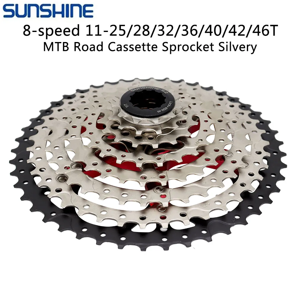 SUNSHINE piñón de Cassette de bicicleta de carretera MTB de 8 velocidades 11-25/28/32/36/40/42/46T rueda libre plateada Compatible con Shimano Sram ﻿