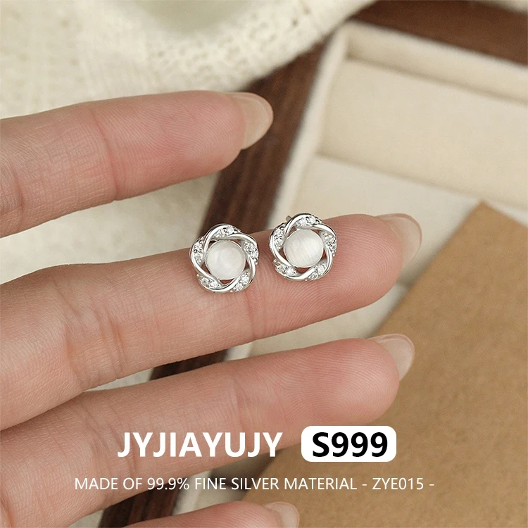 

JYJIAYUJY 100% Whole Original Fine Silver S999 Stud Earrings Set With White Cat's Eye Stone Elegance Gift For Women Use ZYE015