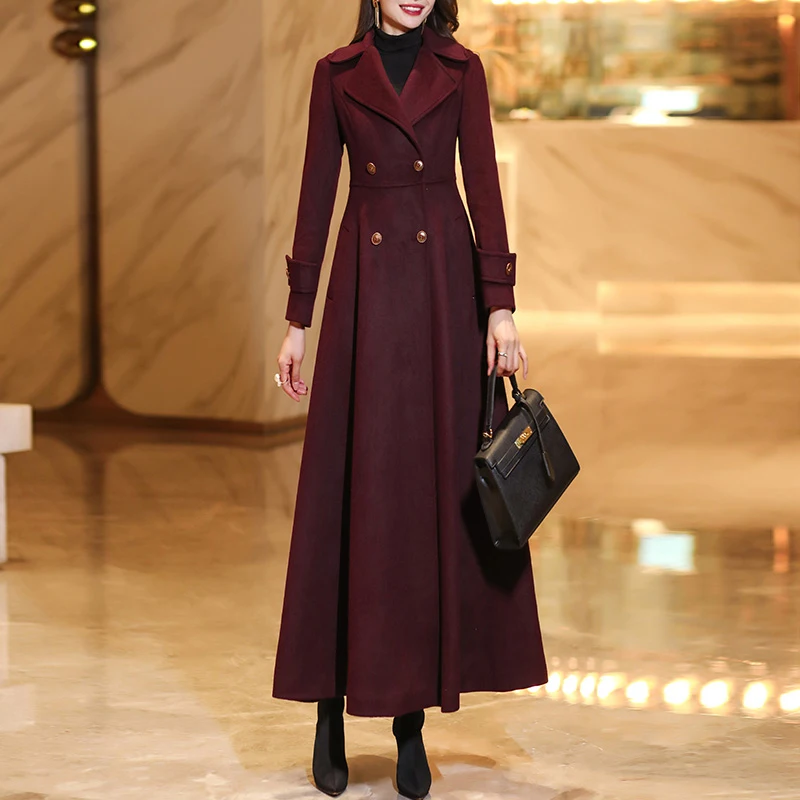 

New Women Autumn Winter Wool Overcoat Elegant Fashion Turn-down Collar Double Breasted Wool Blended Coat Overlength Outerwear