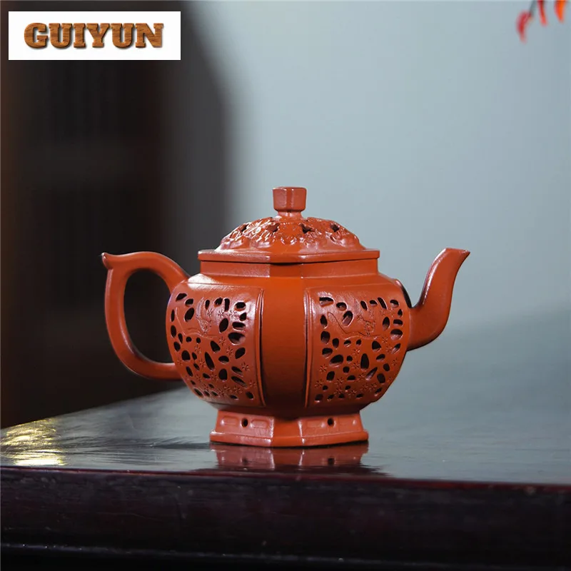 280ml Yixing Purple Clay Teapot Handmade Hollow The Eight Treasures Are Exquisite Pot Raw Ore Zhu Mud Kettle Filter Zisha Teaset