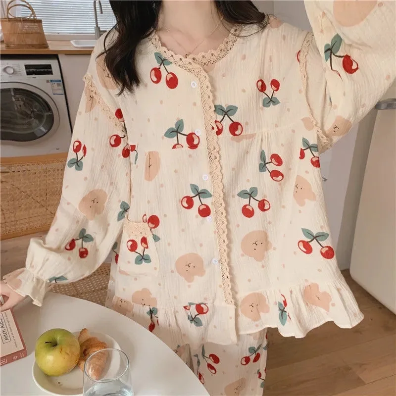 2026 Princess Style Women's Plus Size Student Nightwear Ladies Sweet Breathable Crew Neck Sleepwear Loungewear