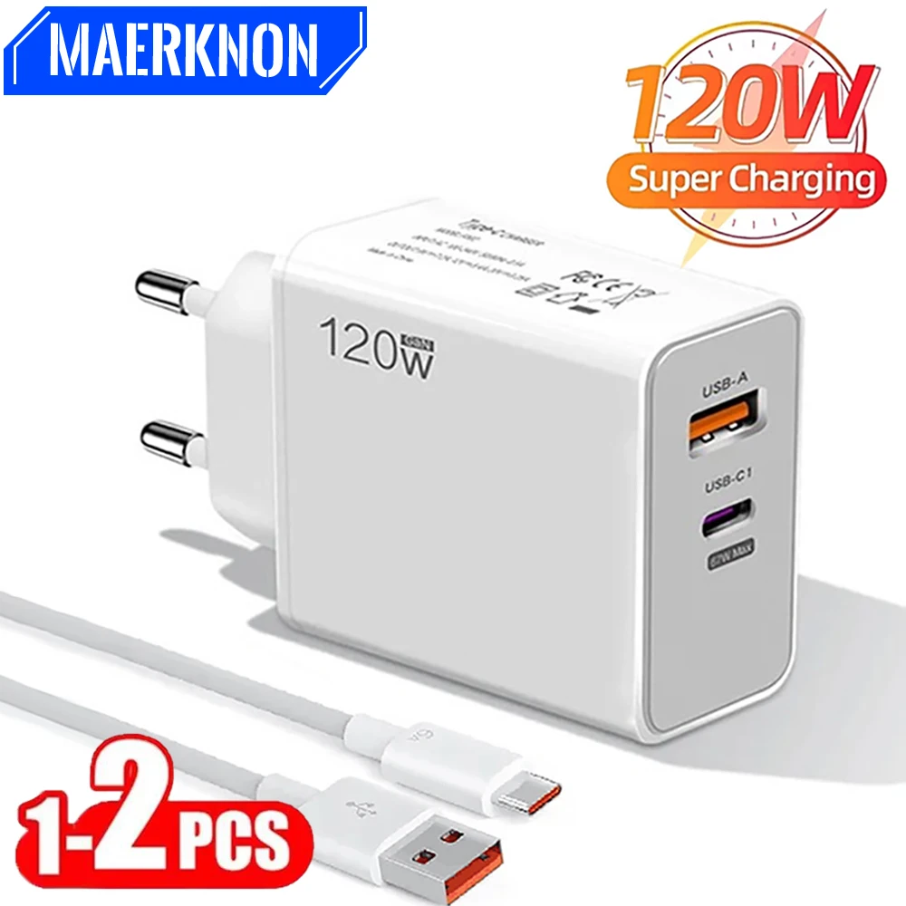 

2Pcs Total 120W GaN Charger QC3.0 Fast Charging Mobile Phone Charger Wall Adapter For iPhone Samsung Xiaomi Huawei USB C Charger
