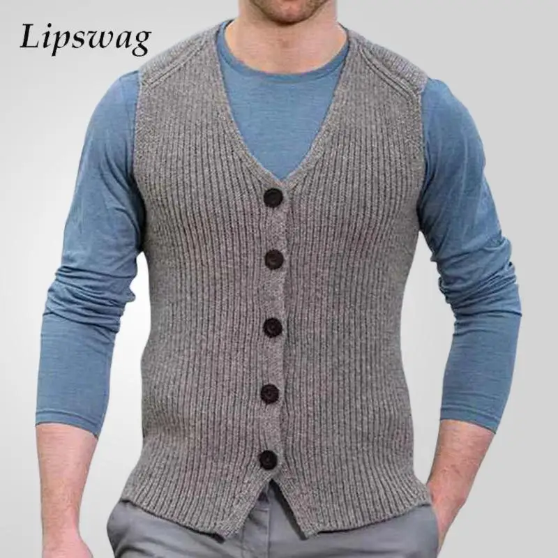 Vintage Mens V Neck Buttoned Knit Vest Jacket Spring Casual Solid Color Sleeveless Sweater Cardigans Men Slim Knitted Waistcoats