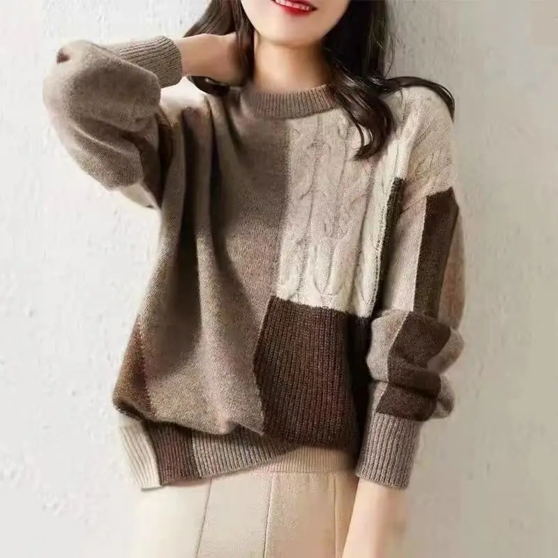 Sweaters Round Neck Patchwork Loose Solid Women\'s Clothing Autumn Winter Thin Fashionable Temperament Pullovers Knitted Casual