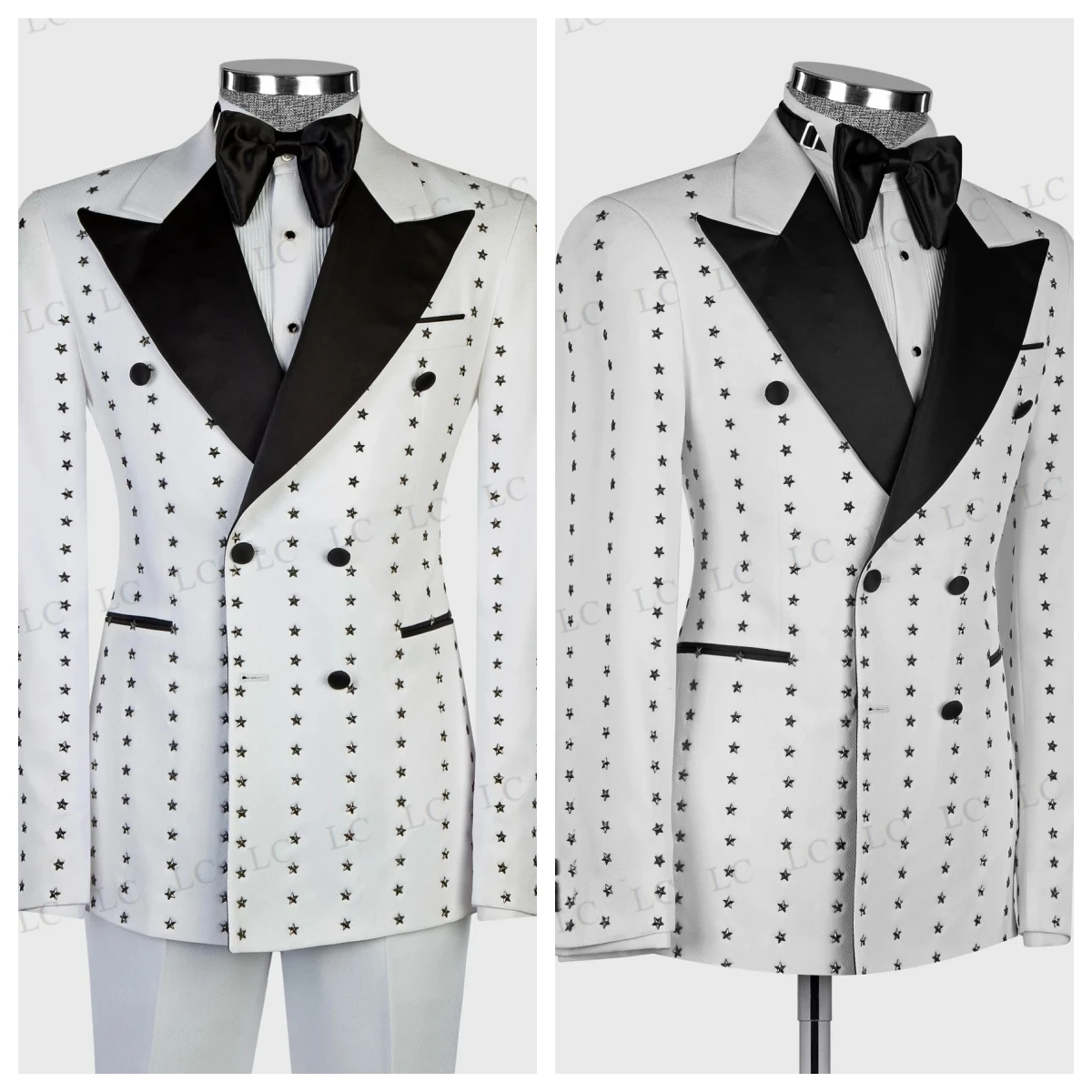 

Slim 2 Pieces Blazer Pants Men Suits Star Beads Black Peaked Lapel Stylish Tuxedo Slim Wedding Groom Prom Plus Size Customed