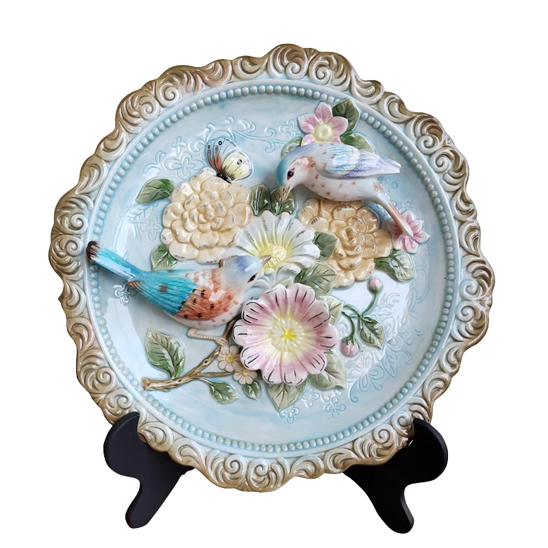 

European court style pure hand-painted ceramic large hanging plate, bird decoration plate, home decoration