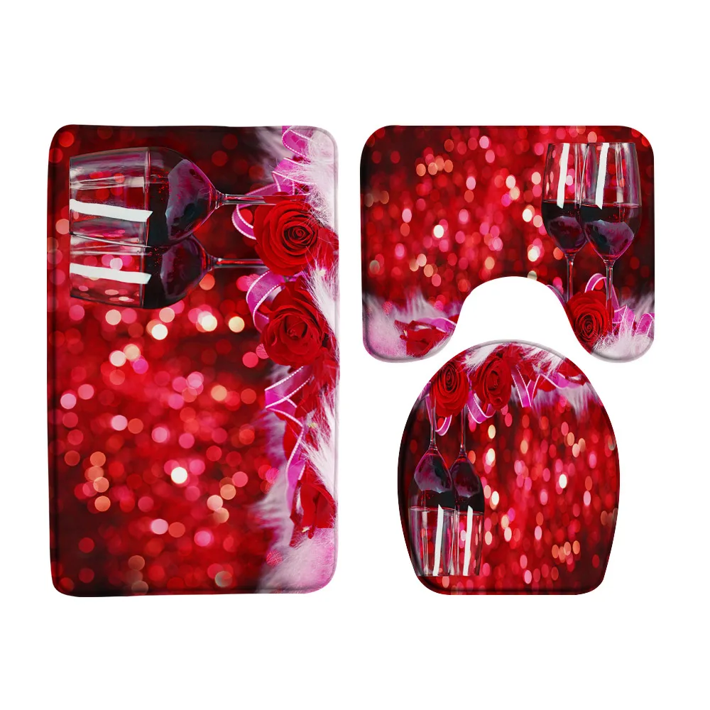 Happy Valentine's Day Rose Bath Mat Set Red Floral Love Wedding Entrance Doormat Bathroom Door Rug Carpet Non-Slip Toilet Cover