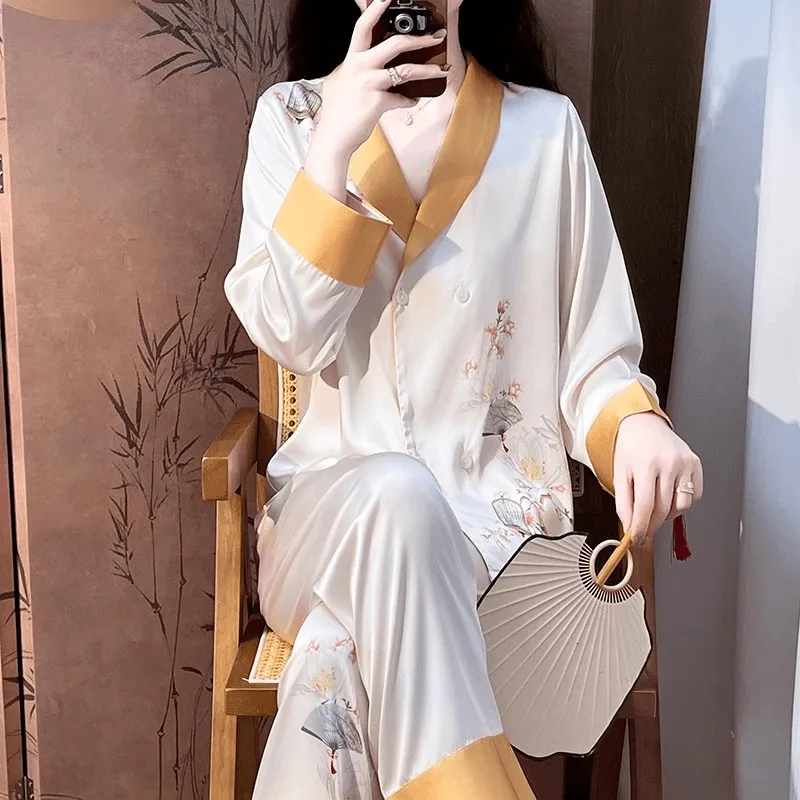 Stunning Sleepwear Temperament New Chinese Style Pajamas Ladies Spring Summer Long Sleeve Home Dress Set V Neck Thin Ice Silk