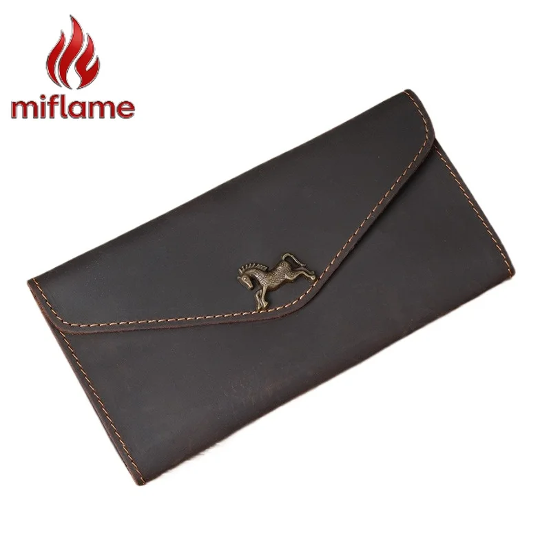 

Men's Crazy Horse Leather Flap Zipper Long Wallet Clutch Cell Phone Holder Purse Retro Vintage Trendy Handbag