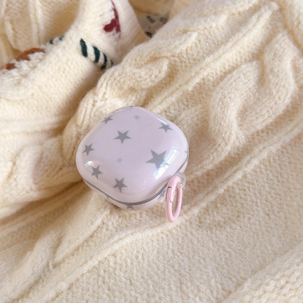Sweet Gentle Pink Stars With Hook Shockproof Protective Earphone Cover Case for Samsung Galaxy Buds4 Pro 3 Pro 2 Pro FE Live
