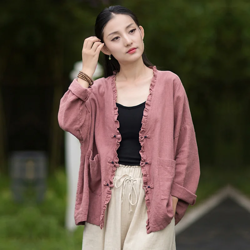Printemps automne coton lin ample Style chinois Blouse femme surdimensionné coton lin ouvert Cardigan à manches longues femmes chemise haute