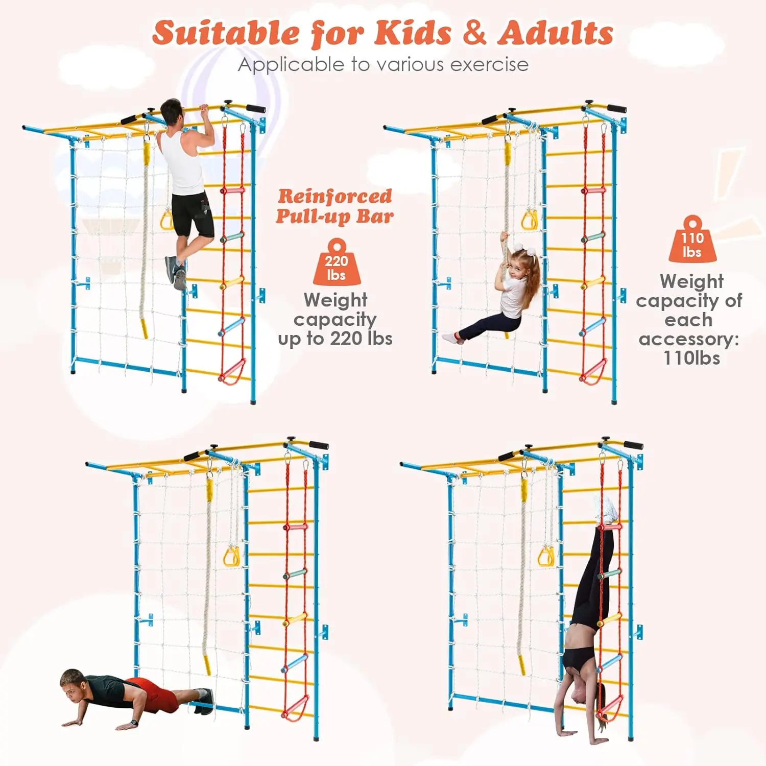 Climbing Toys for Toddlers, Indoor Kids Gym for Exercise, Steel Ladder Wall Set with Wall Ladder, Pull-up Bar, Rope and Gymnasti