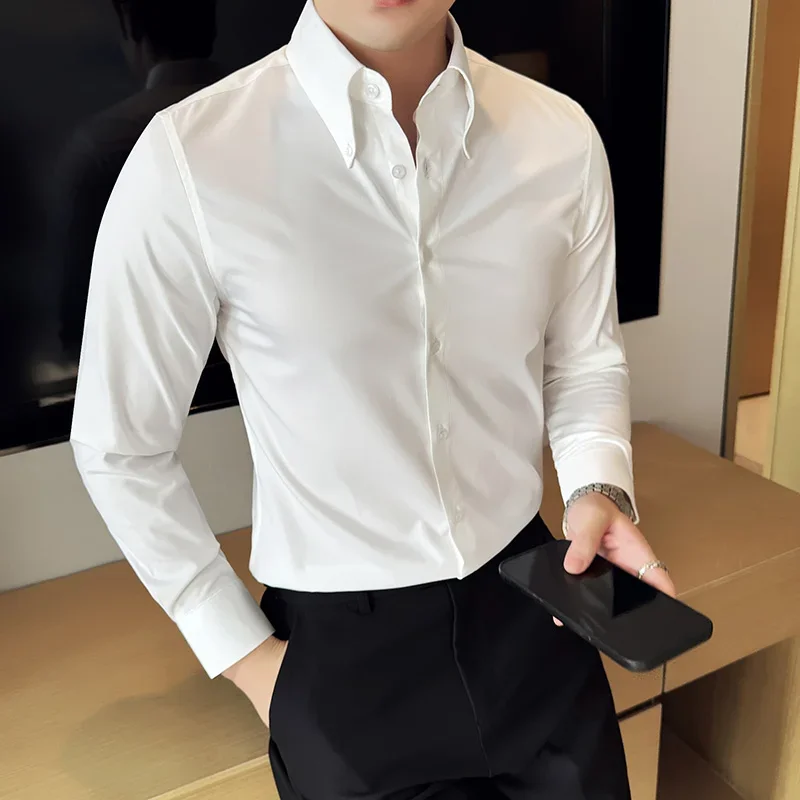 Plus Size 6XL-M Luxury Solid Color Big Neck Shirts For Men High Quality Long Sleeve Slim Fit Shirt Formal Social Party Tuxedo