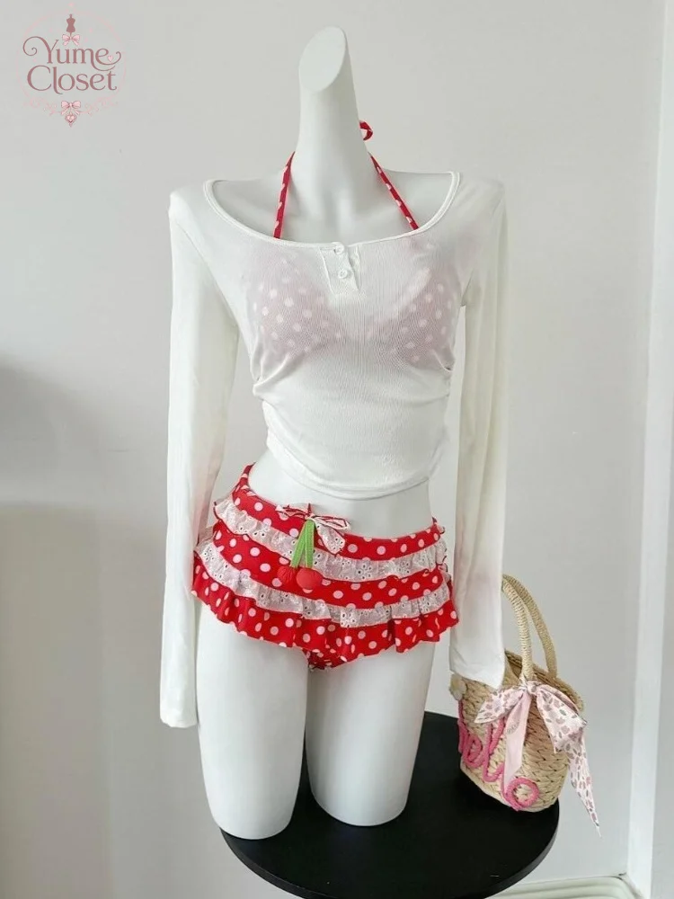 2026 Swimwear Kawaii Women Japanese Sweet Bikini New Beach Style Sexy Lace-up Splicing Vintage Y2k Beachwear Holidays Swimsuit