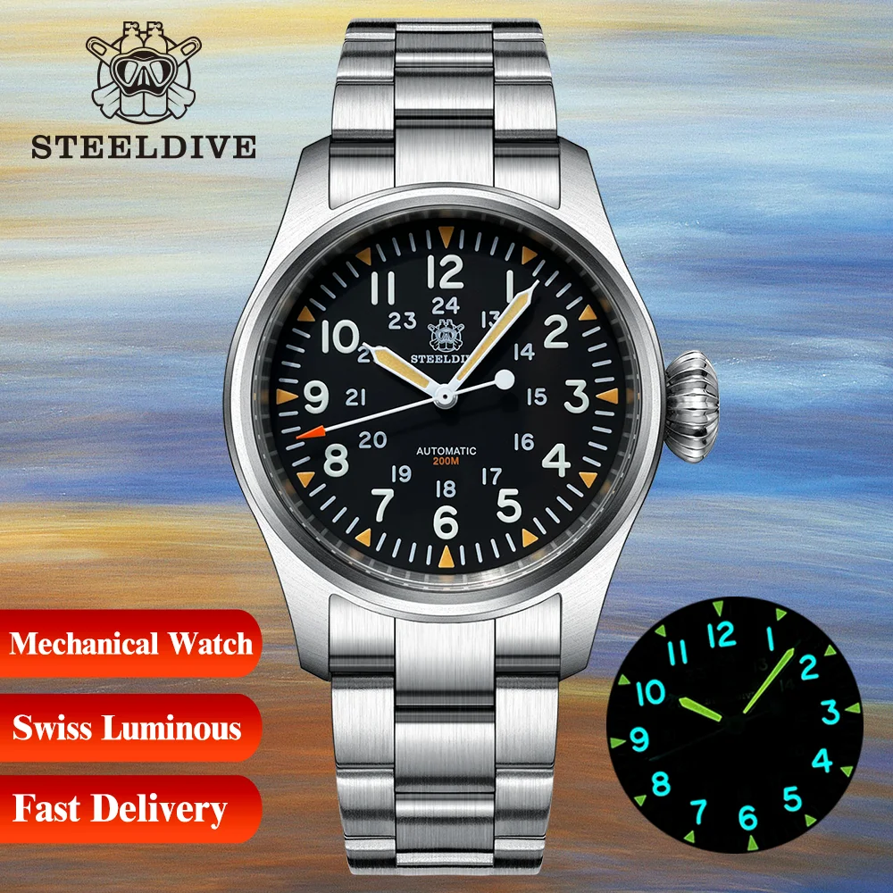 STEELDIVE SD1928H Pilot Sapphire Crystal NH35 Movement 20Bar Waterproof Swiss Super Luminous Luxury Mechanical Watch 10MM Crown