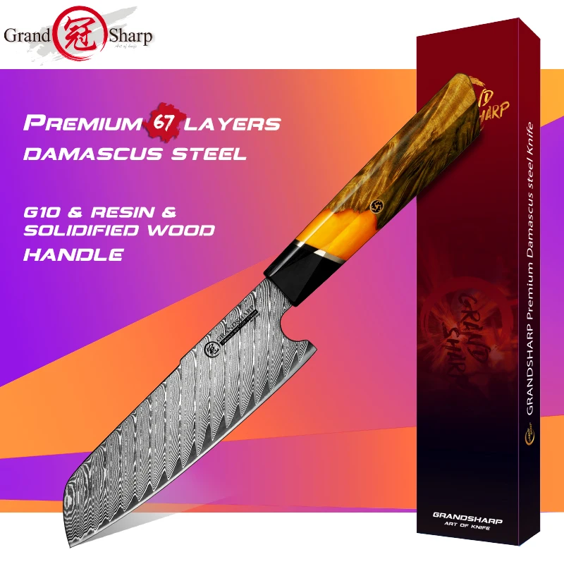 Grandsharp 4.9 Inch Santoku Knife AUS-10 Damascus Stainless Steel Professional Japanese Kitchen Chef Knives Vegetables Chopper