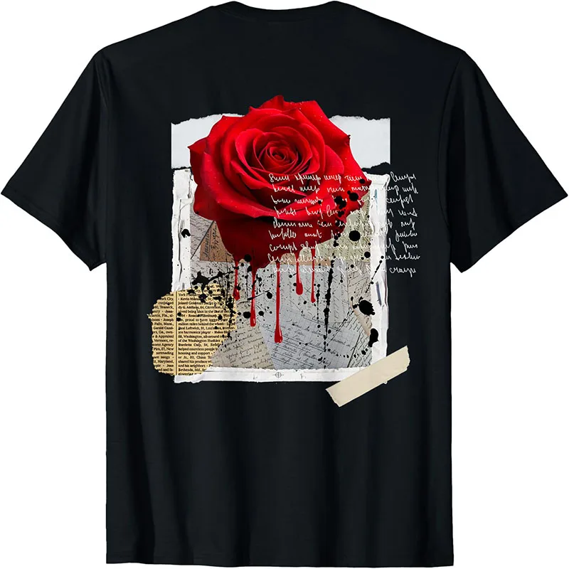 Vintage Red Rose Torn Paper Collage Art Aesthetic Back Print Graphic T-Shirt
