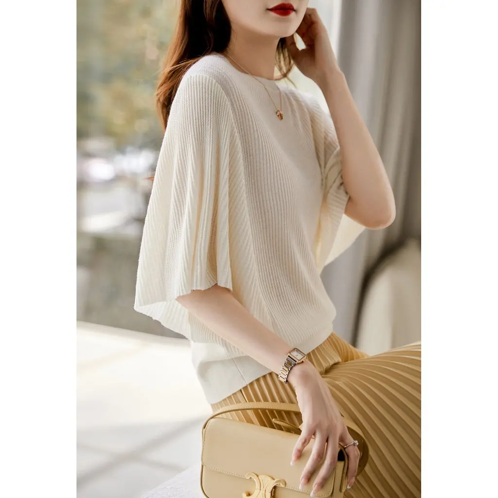 

Summer New Women's Batwing Sleeve Crewneck Knitted Top Ruffled Stitching Half Sleeve Fashionable Loose Fit Half Cardigan