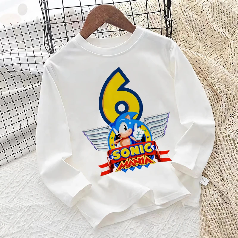 New Sonics T-shirts for Children Cute Cartoon Birthday Number Printed T-shirt Boys Long Sleeves Tops 2024 Baby Autumn Clothes