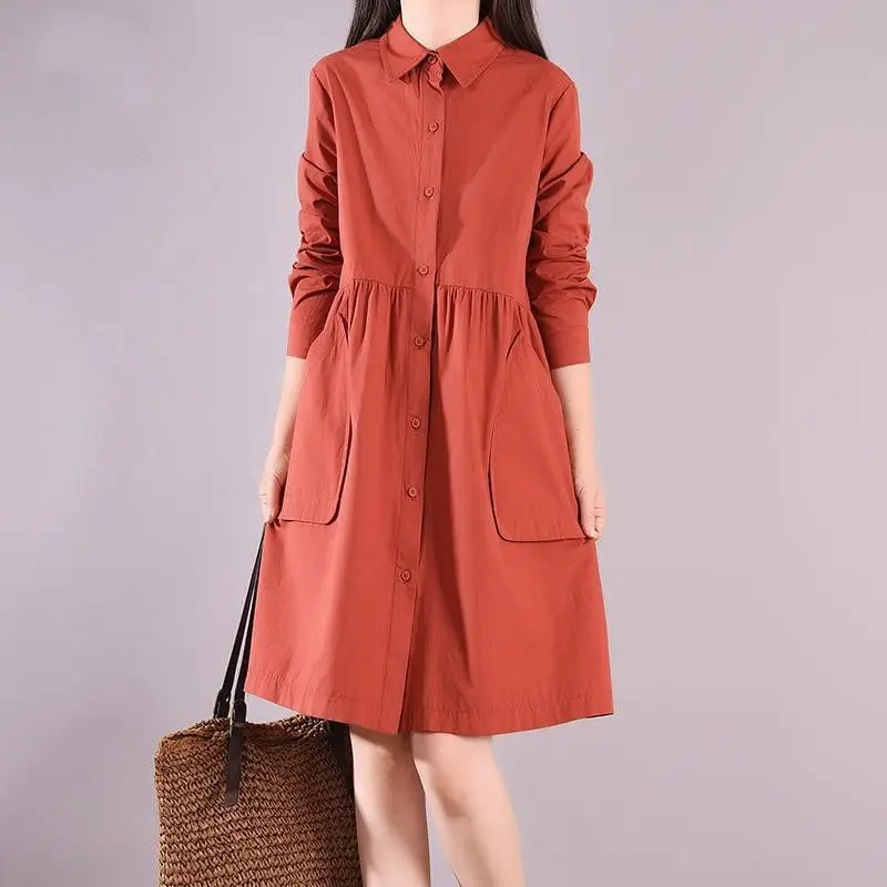 New Pure Cotton A-line Solid Color Single Breasted Pleated Multi Size Mid Length Shirt Dress for Women