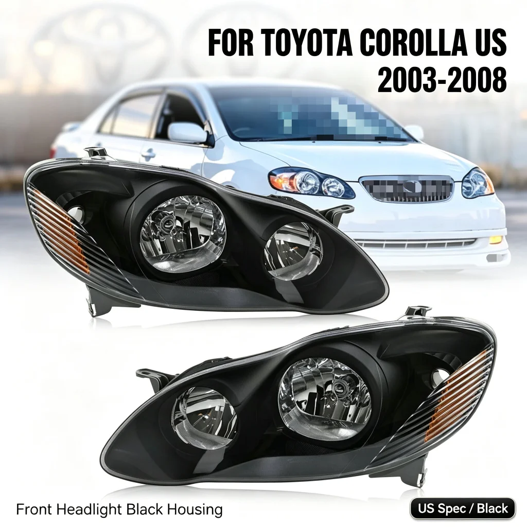 81130-02360 Front Headlight For Toyota Corolla 2003 2004 2005 2006 2007 2008 US Spec Black Housing Left Driver Side