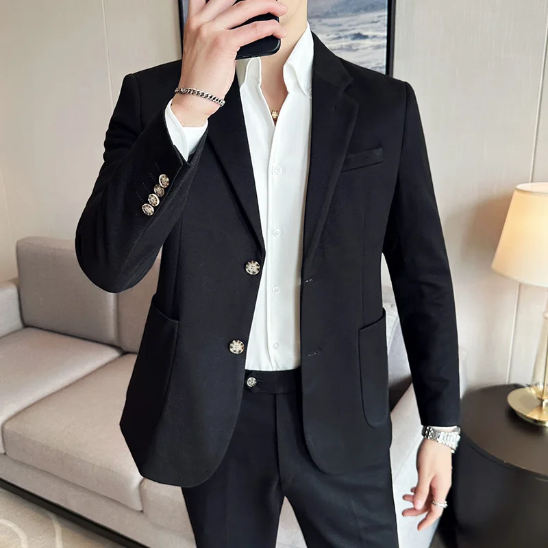 Luxury Woolen Slim Fit Suit Jacket 2024 Autumn New Fashion Casual Business Slim Fit Social Wedding Dress Men\'s Suit Jacket