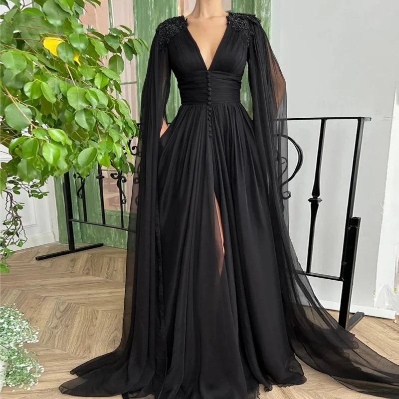 

Eightale Arabic Prom Dresses Plunging V Neck Beads Black Long Cape Applique Formal Evening Gowns vestido de fiesta de boda