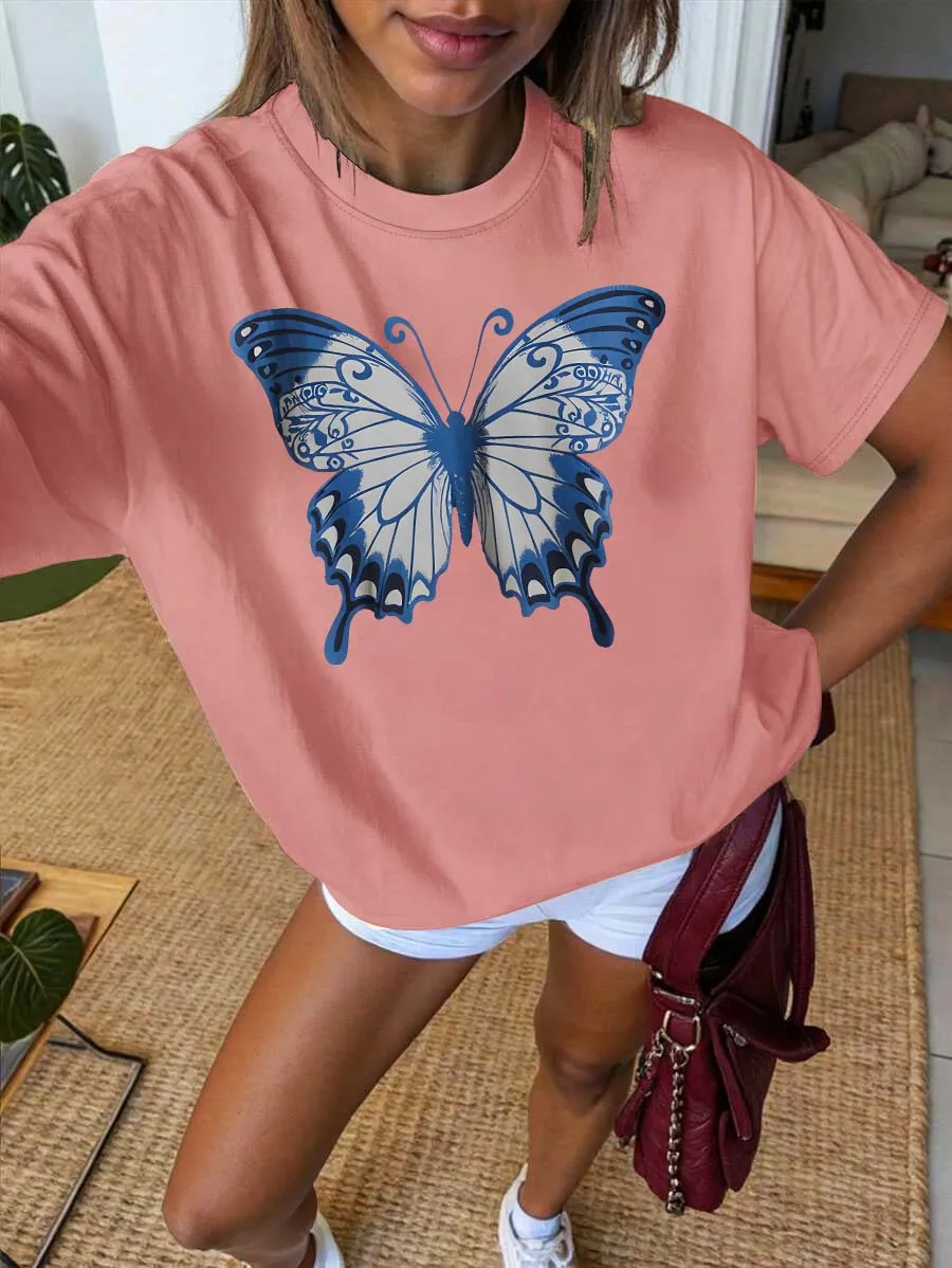 Künstlerisches Schmetterlingsgrafik-Elegantes, stilvolles, vielseitiges Sommer-Kurzarm-T-Shirt in Übergröße