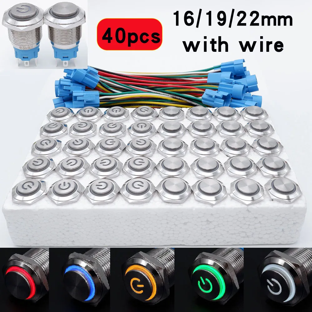 

40pcs 12v Waterproof Switch 16mm 19mm 22mm Metal Push Button LED Light Momentary Latching Engine Power On Off 3v 5v 6v 24v 220v