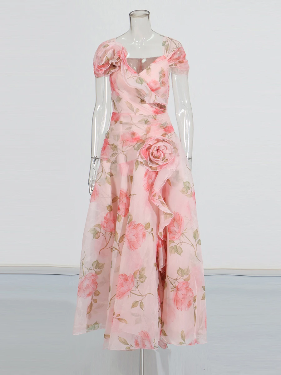 ROMISS Abiti da sera con stampa floreale dolce per donna Slash Neck Manica corta Vita alta Applicazioni impiombate Abito lungo Donna