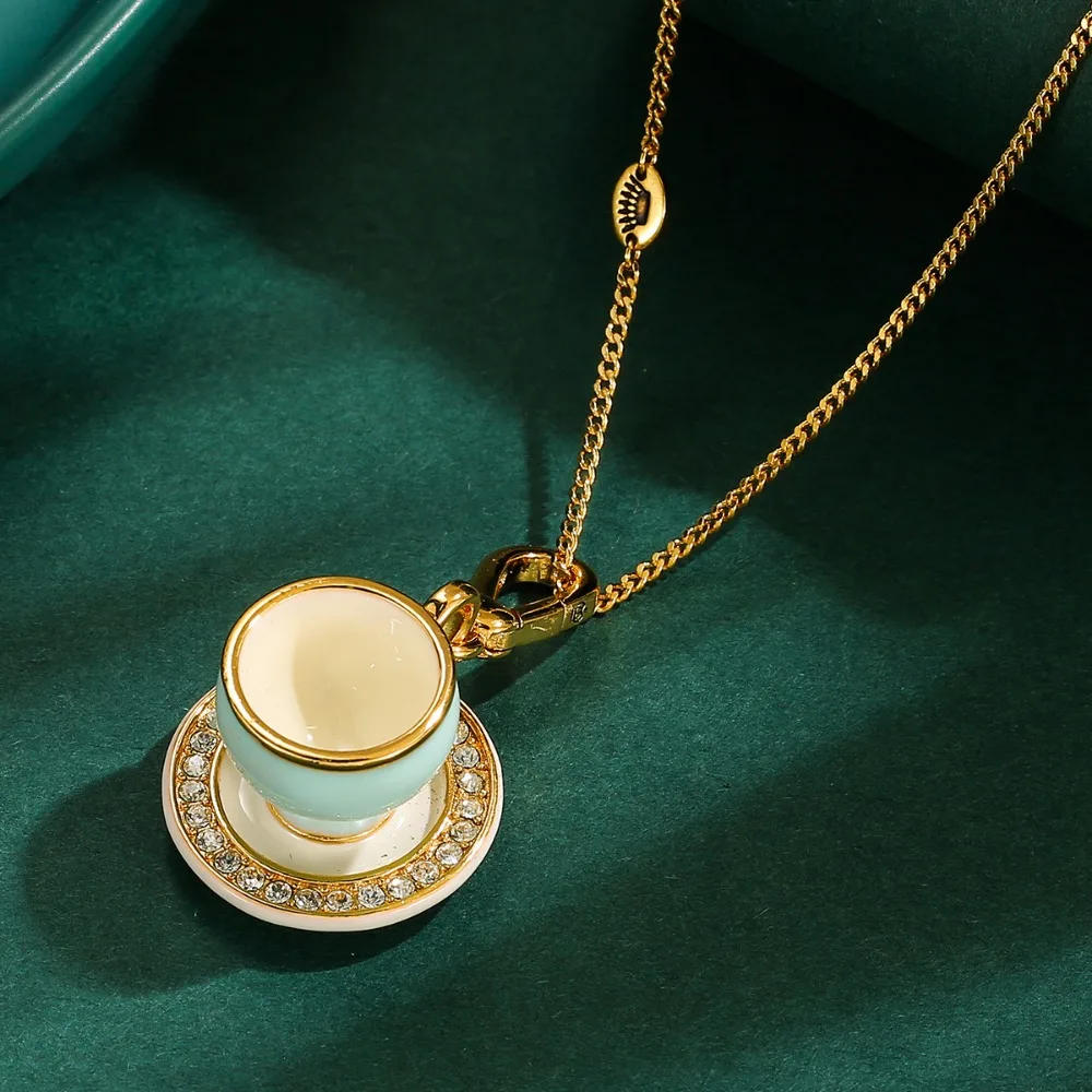 

All Match Simple Elegant Enamel Three Dimensional Blue Teacup Pendant Necklace Copper Gold Plated Jewelry For Women Girls